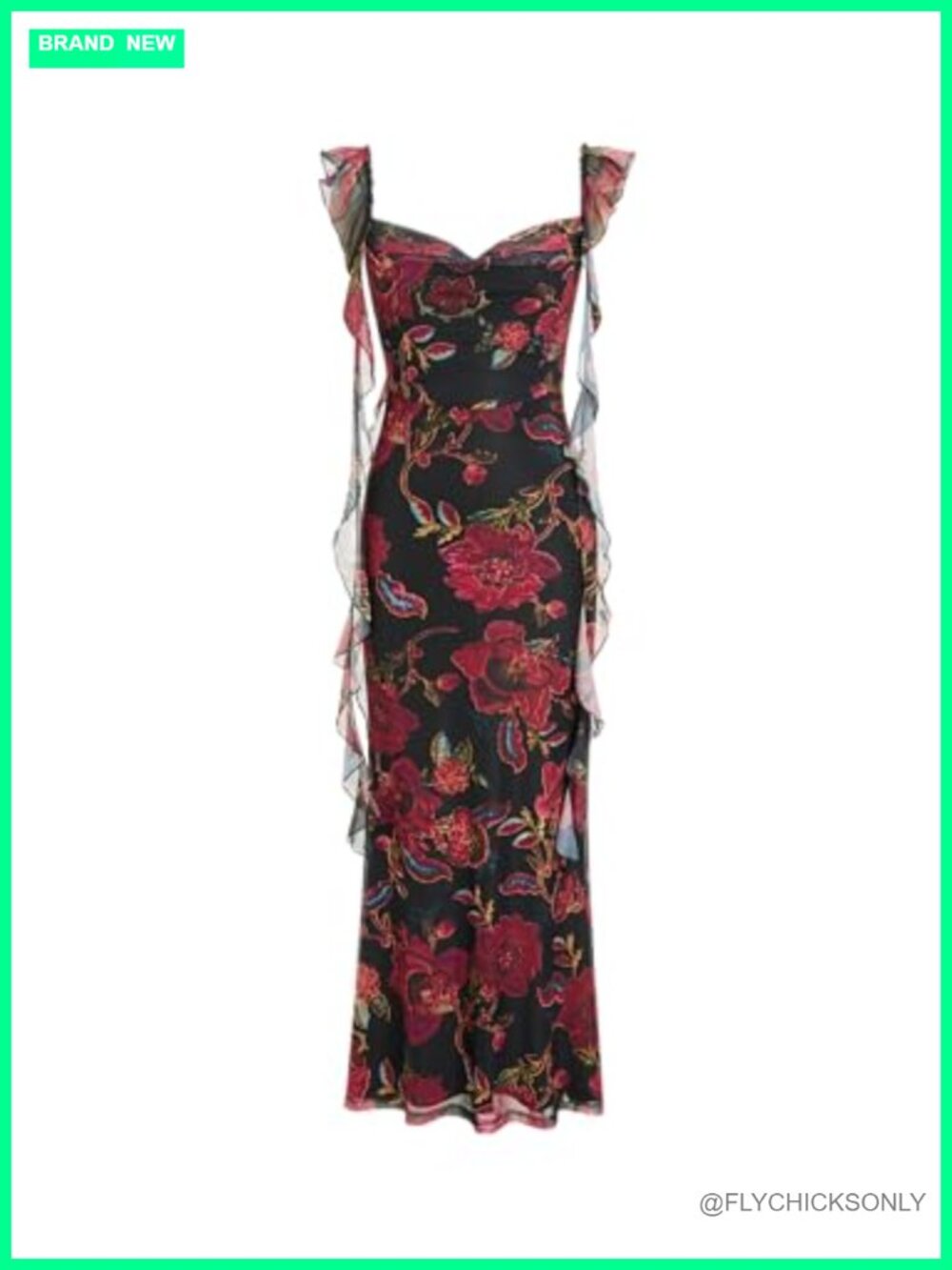 Sleeveless Mesh Ruffle Maxi Formal Wedding Guest Dress